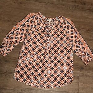 Crown & Ivy Women’s Y Neck Orange/Navy Blue Blouse